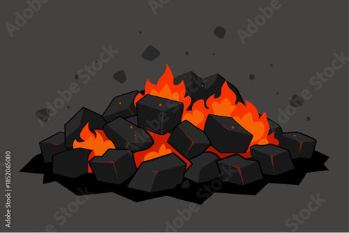 Cartoon illustration of burning coal with bright orange flames