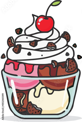 Delicious ice cream sundae with whipped cream and cherry