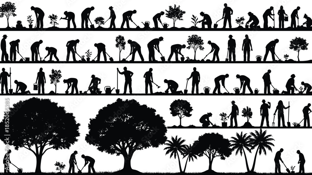 Αυτοκόλλητο Gardening people silhouette timeline planting watering digging illustration isol