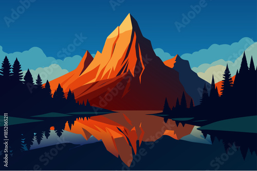 Mountain landscape with lake and trees at sunset