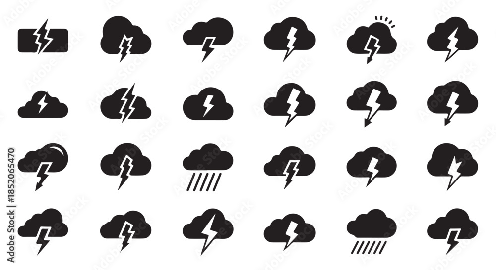 Fototapeta premium Collection of black weather icons depicting stormy clouds and lightning bolts