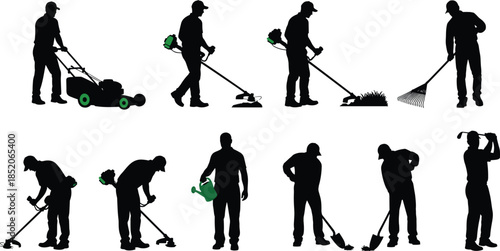 Gardening worker silhouette set lawn care landscaping activities illustration isolated on white background mowing trimming raking vector design collection