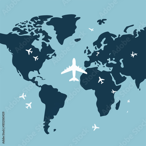 World Map with Flying Airplanes and Travel Routes Vector Illustration