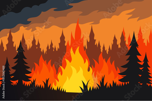 A forest fire with flames and smoke in a woodland area at dusk