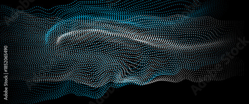 Abstract digital wavy glowing grid of blue-green dots fluid futuristic texture.