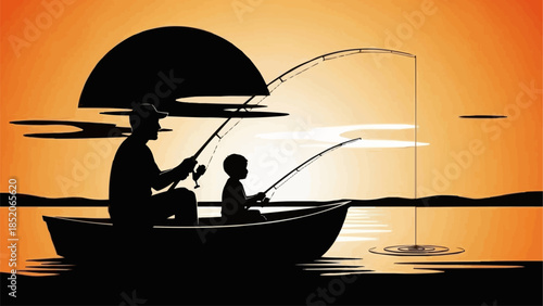 Father and son fishing together in a boat at sunset.