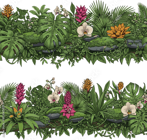  Isolated on Jungle seamless vector border, green tropical forest nature frame, exotic flowers, leaves, plants, stone. Jungle border, floral Amazon foliage vector illustration