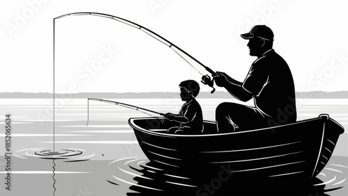 Father and son fishing together in a boat on the water.