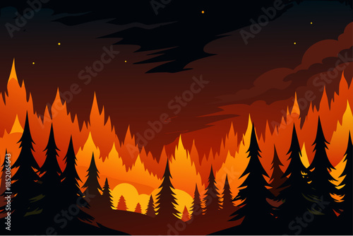 Wildfire raging through a forest at night with stars in the sky