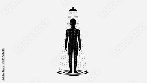 Silhouette of a person showering under a stream of water.