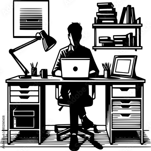 Silhouette of Productivity: A focused individual is at a modern desk, illuminated by a lamp, engrossed in computer work within a home office setting.