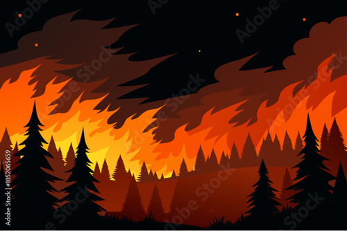 Wildfire raging through a forest at night with a starry sky