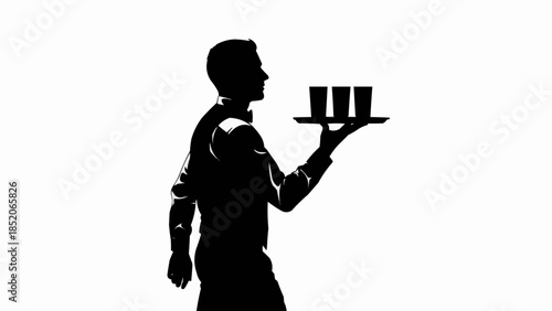 Silhouette of a waiter holding a tray with three glasses.