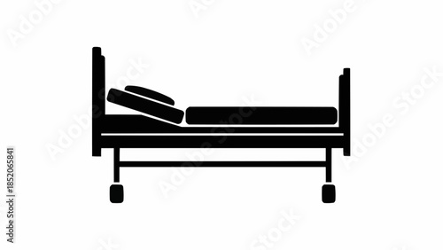 Simple Silhouette of a Hospital Bed with Adjustable Headrest and Wheels.