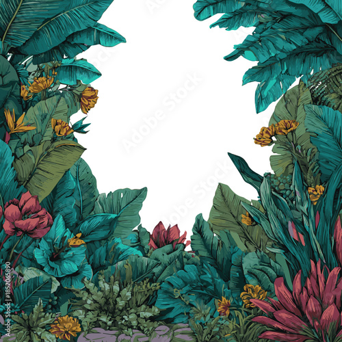  Isolated on Jungle seamless vector border, green tropical forest nature frame, exotic flowers, leaves, plants, stone. Jungle border, floral Amazon foliage vector illustration