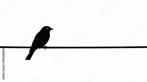 Silhouette of a small bird perched on a wire against a white background.