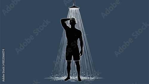 Silhouette of a man showering under a stream of water.