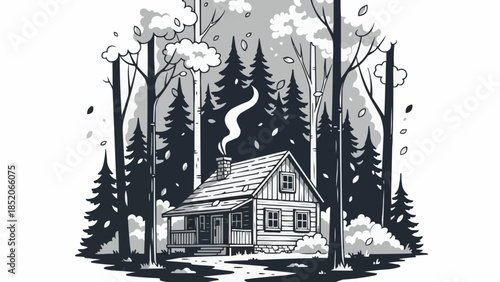 Cozy Wooden Cabin Nestled Amongst Tall Evergreen Trees in a Forest.