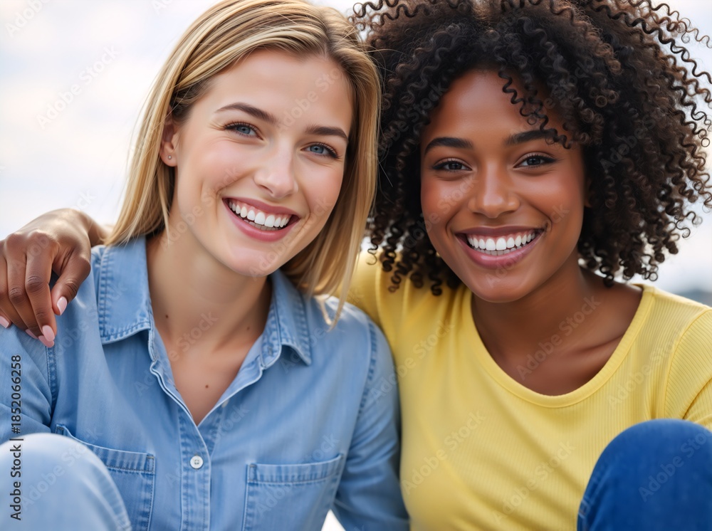Fototapeta premium Portrait of two diverse young women smiling together. Happy caucasian and black female friends showing a genuine connection. Friendship and happiness concept