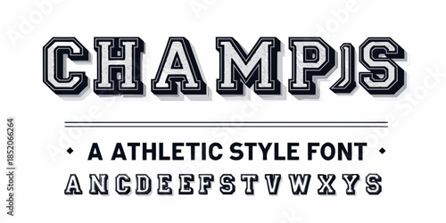 Stylish champs typography with athletic font and alphabet sample display