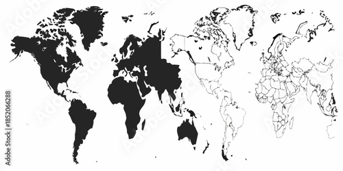 A stylized black and white illustration of the world map continents