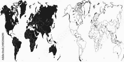 A comparative view of world maps solid black and outlined continents
