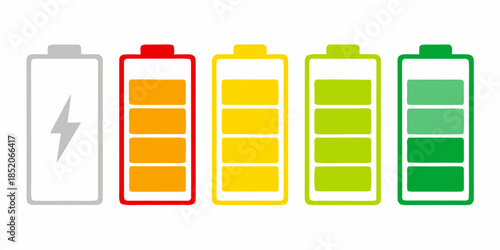 Visual representation of battery levels from empty to fully charged