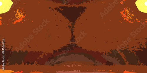 Abstract fiery landscape with a dark central shape and glowing orbs