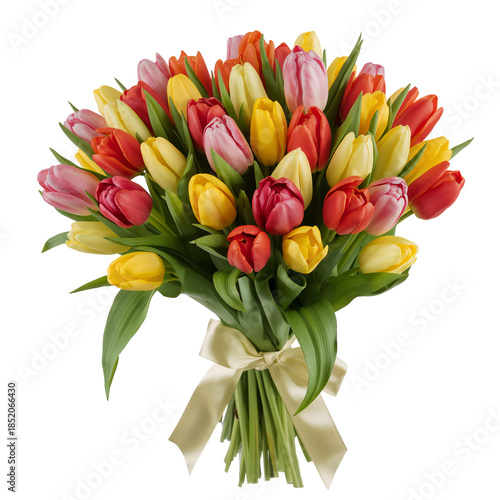 Colorful Tulip Bouquet Arranged With Bright Flowers and Green Leaves for a Cheerful Decoration