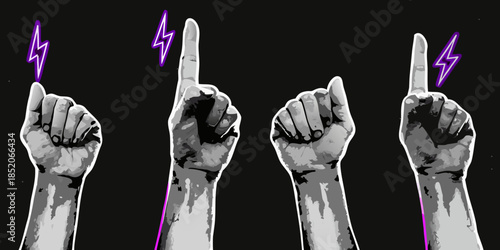 Four hands pointing upwards each with a purple lightning bolt above