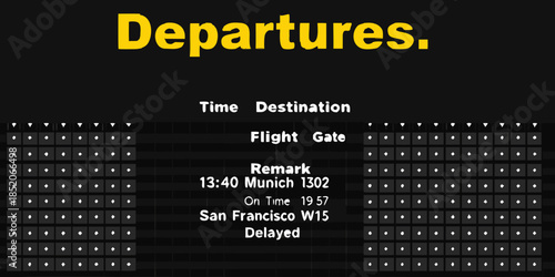 Airport departures board displaying flight information with time destination and status
