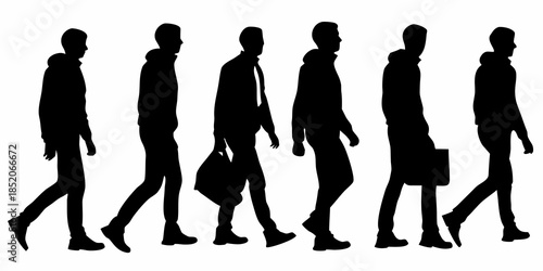 A row of silhouetted men walking some carrying bags or briefcases