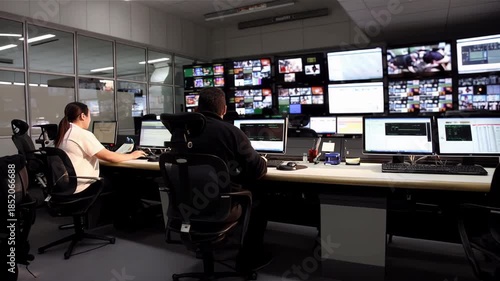 Broadcast Control Room With Video Wall, Slow Dolly Left Movement