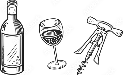 Hand-drawn collection of wine-related objects a bottle, a glass, and a corkscrew, presented in a clean, isolated vector line art style