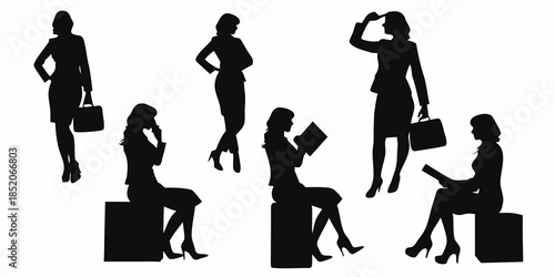 Silhouettes of businesswomen in various poses with briefcases and accessories