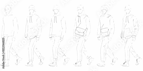 Line art illustration of six men in hoodies and casual attire