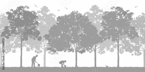 Serene grayscale landscape featuring trees people and a distant dog
