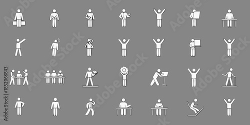 Diverse set of white stick figures depicting various human actions and poses