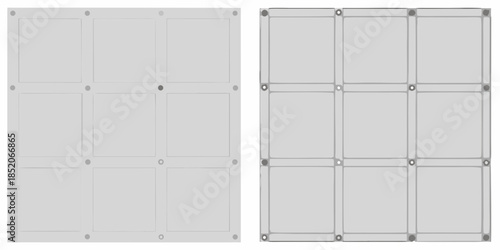Two light gray panels with grid patterns and visible screw attachments