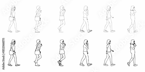 A series of minimalist line drawings depicting a woman walking in various poses