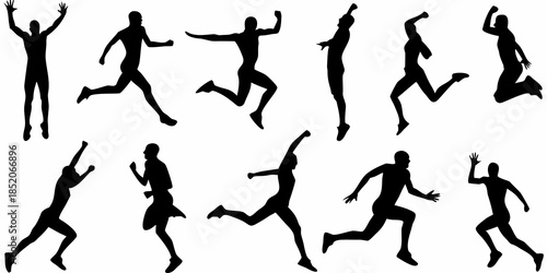Silhouettes of people in dynamic motion jumping running and active poses