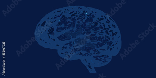 A dark blue illustration of a human brain with internal network details