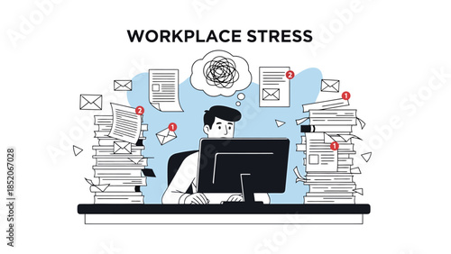 Overwhelmed Office Worker Experiencing Workplace Stress and Burnout at Desk