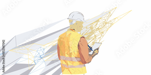 Construction worker examining blueprints with a futuristic building design overlay