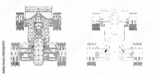 Detailed blueprint views of a formula one race car from above and front