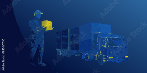 Delivery service with a worker holding a package and a blue truck