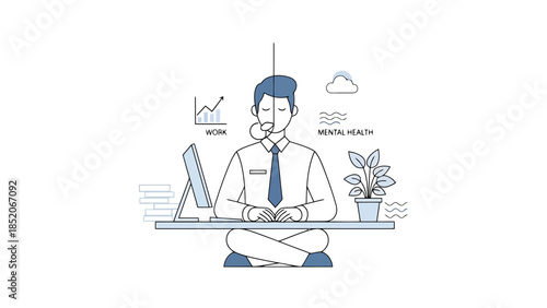 Businessman Meditating at Desk Symbolizing Work Life Balance and Mental Wellness