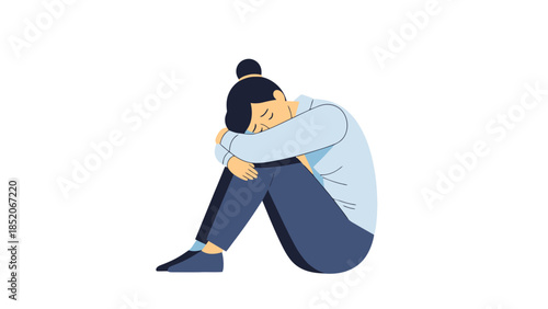 Woman Crouched in Distress Holding Knees Close Symbolizing Sadness and Isolation