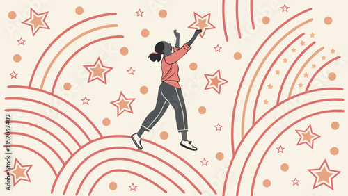 Young woman reaching for stars in whimsical dreamy background