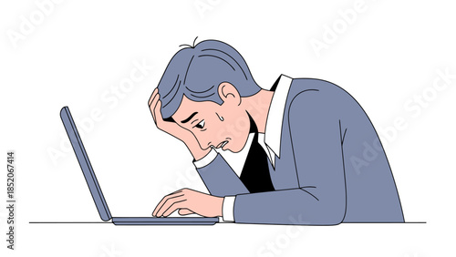 Overwhelmed Businessman Working Late at Computer Feeling Stressed and Exhausted